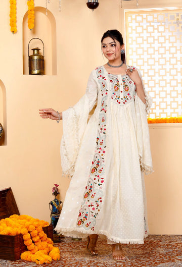 Embroidered Cotton Gown Kurta and Pant Set with Mulmul Dupatta