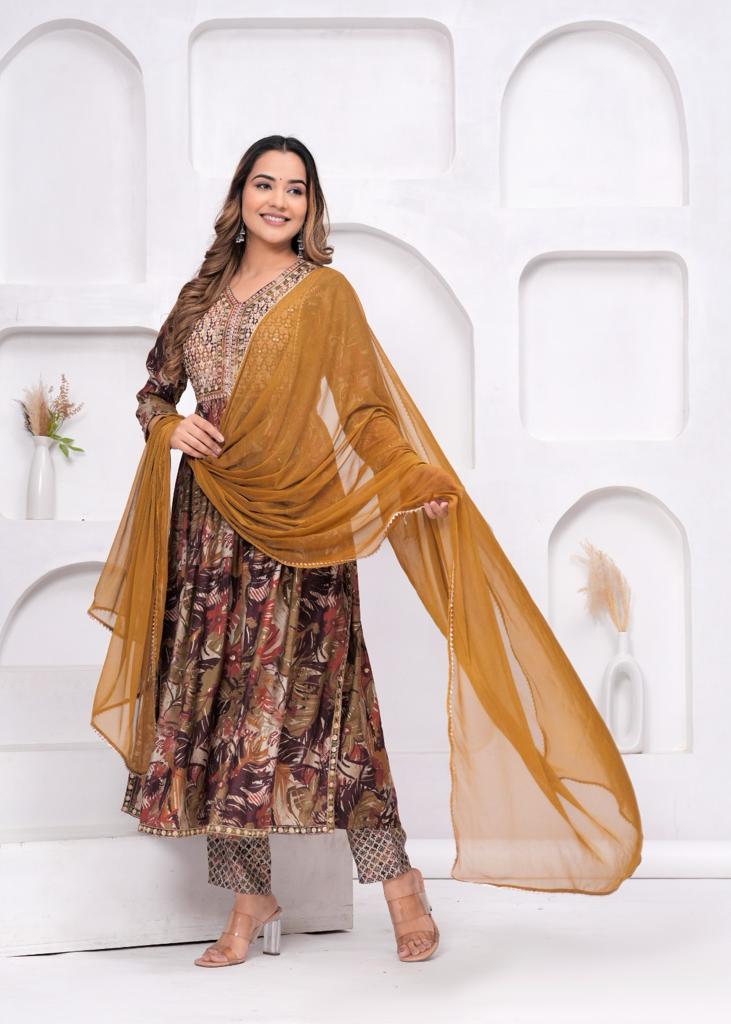 Embroidered Printed Nayra Cut Suit Set with with Light Brown Georgette Dupatta