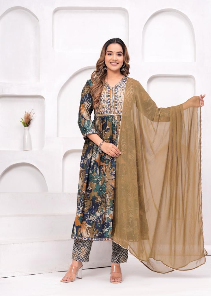 Embroidered Printed Nayra Cut Suit Set With With Pale Brown Georgette Dupatta