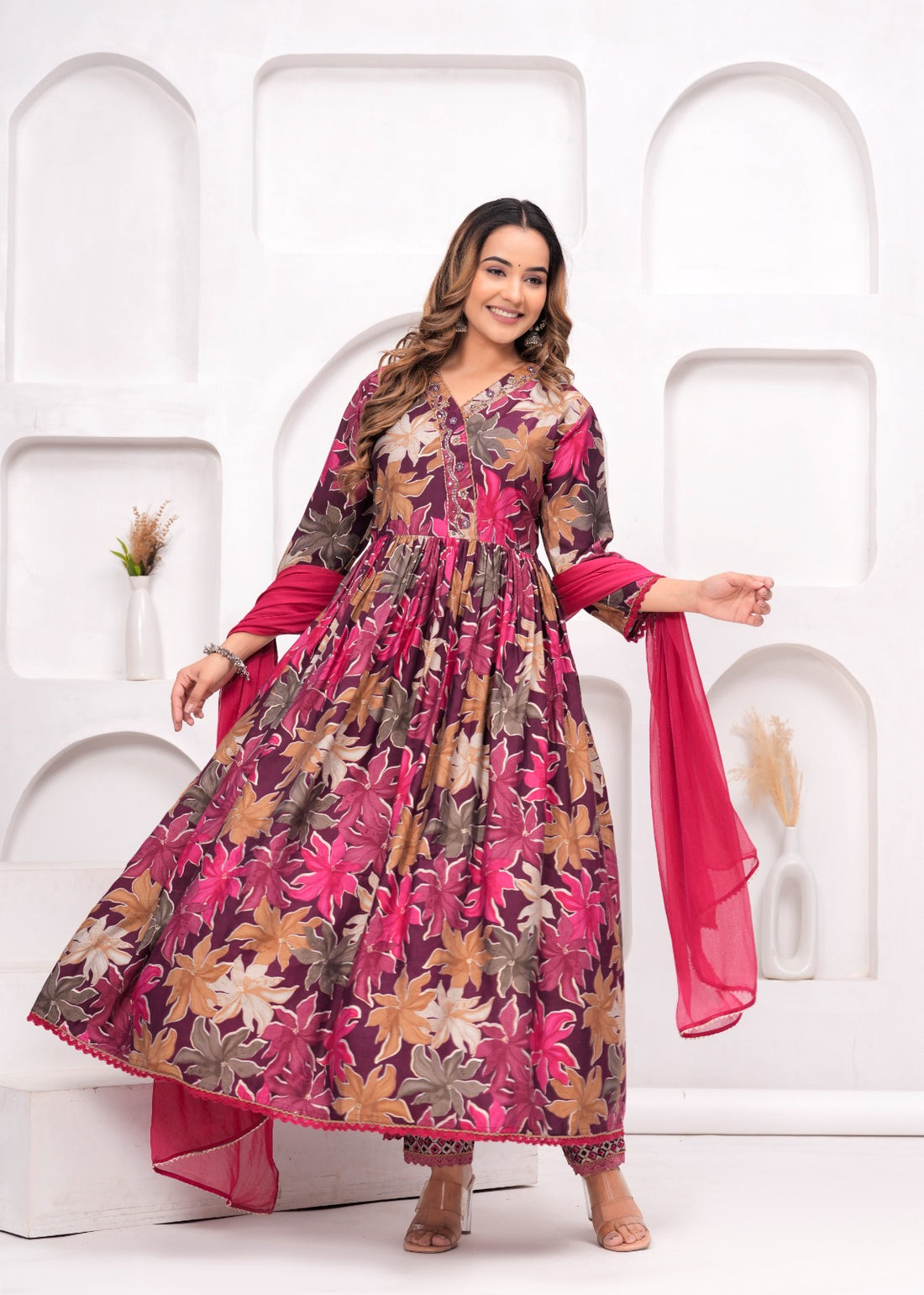 Floral Printed Muslin Anarkali Suit Set with Brick Red Georgette Dupatta