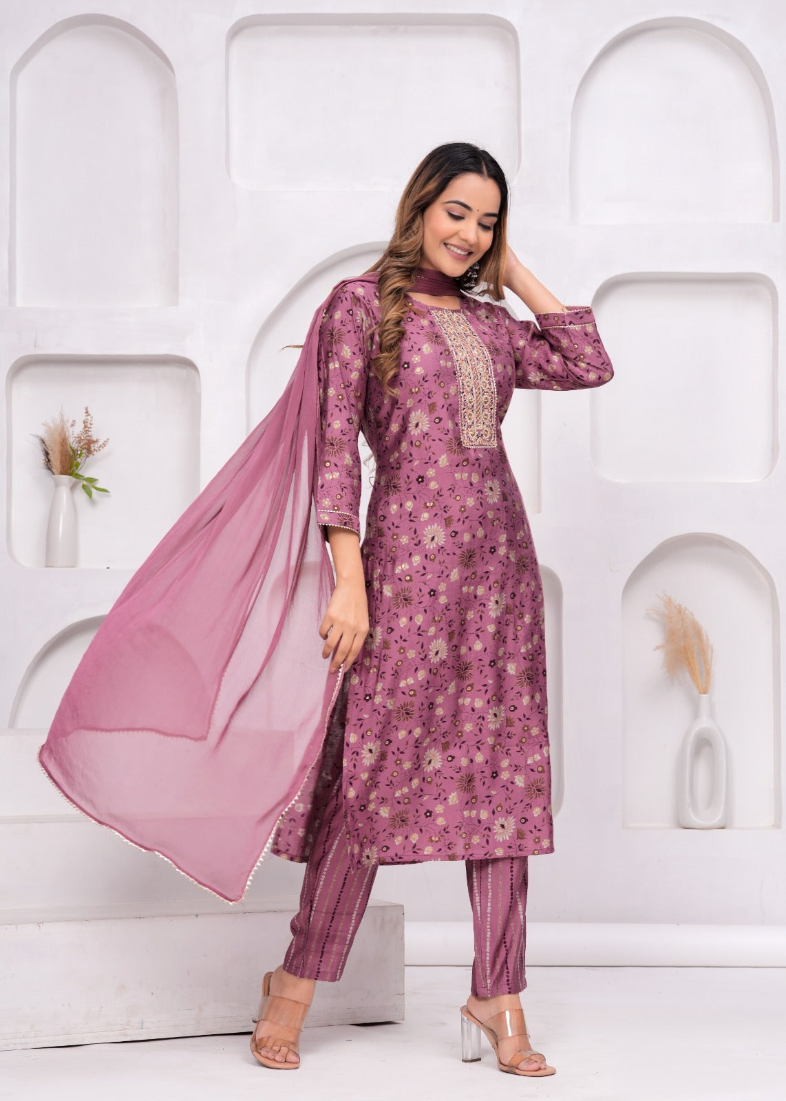 Tulip Pink Muslin Kurta and Pant Set with Georgette Dupatta