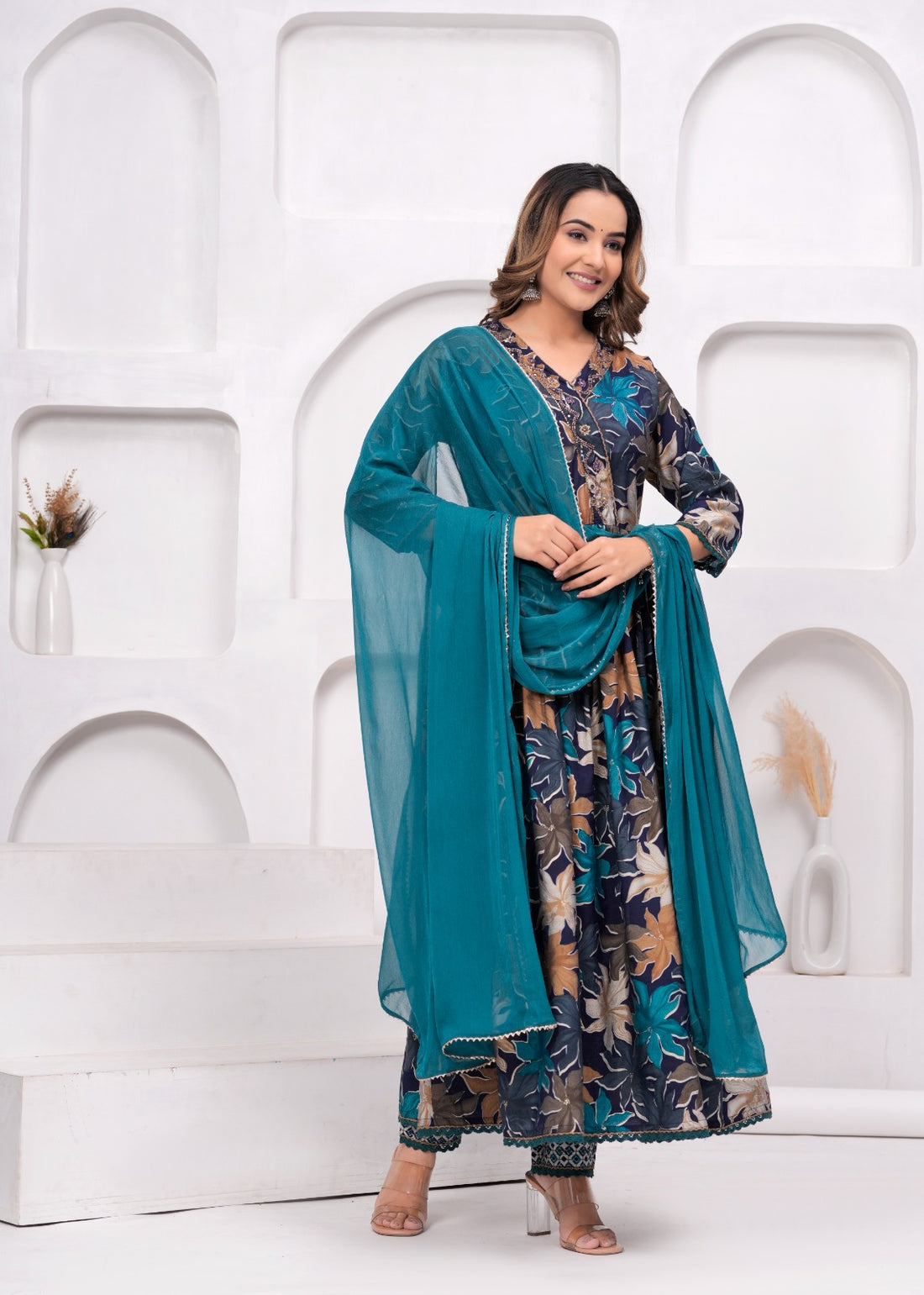 Floral Printed Muslin Anarkali Suit Set with Teal Blue Georgette Dupatta