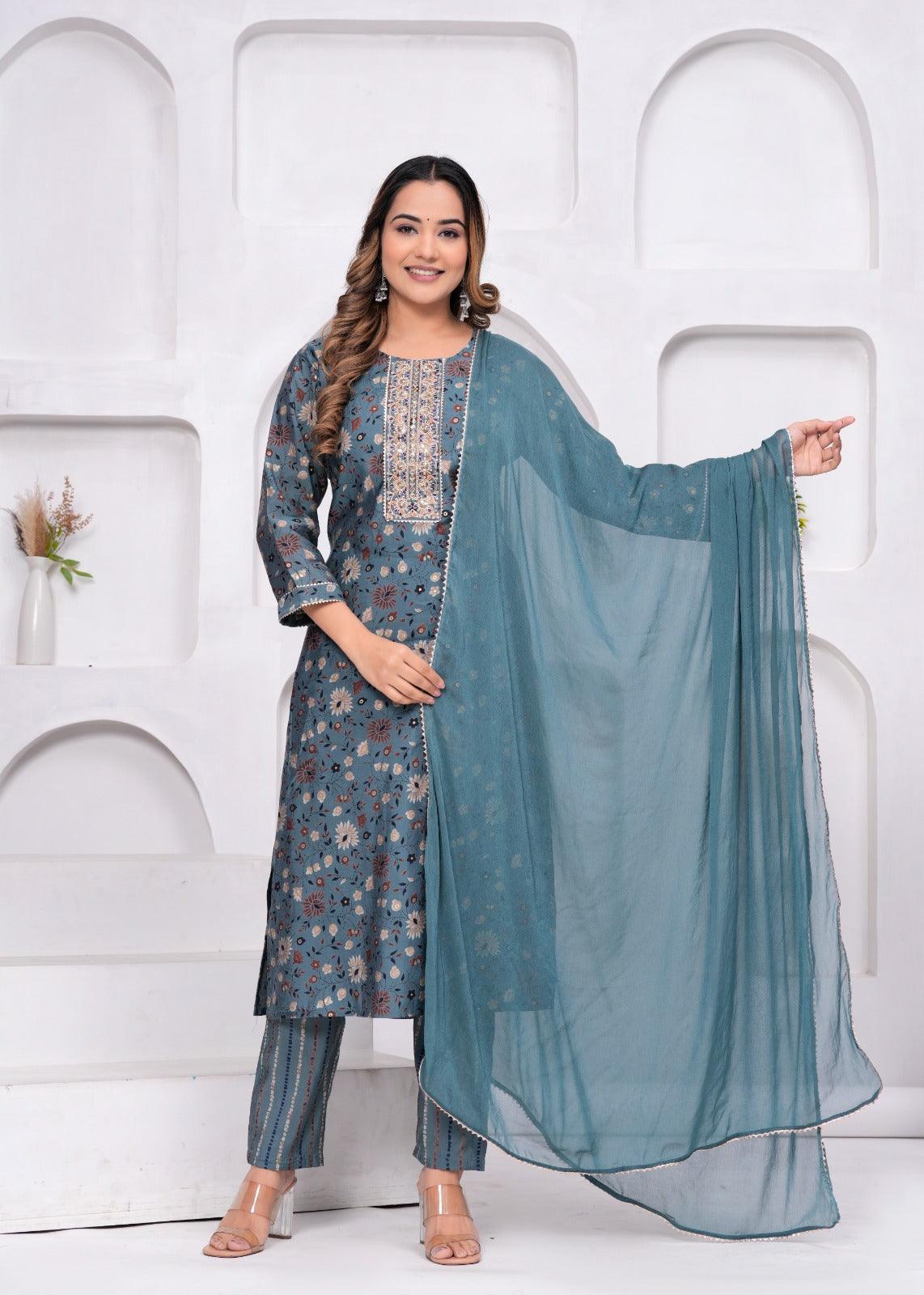 Dusty Blue Muslin Kurta and Pant Set with Georgette Dupatta