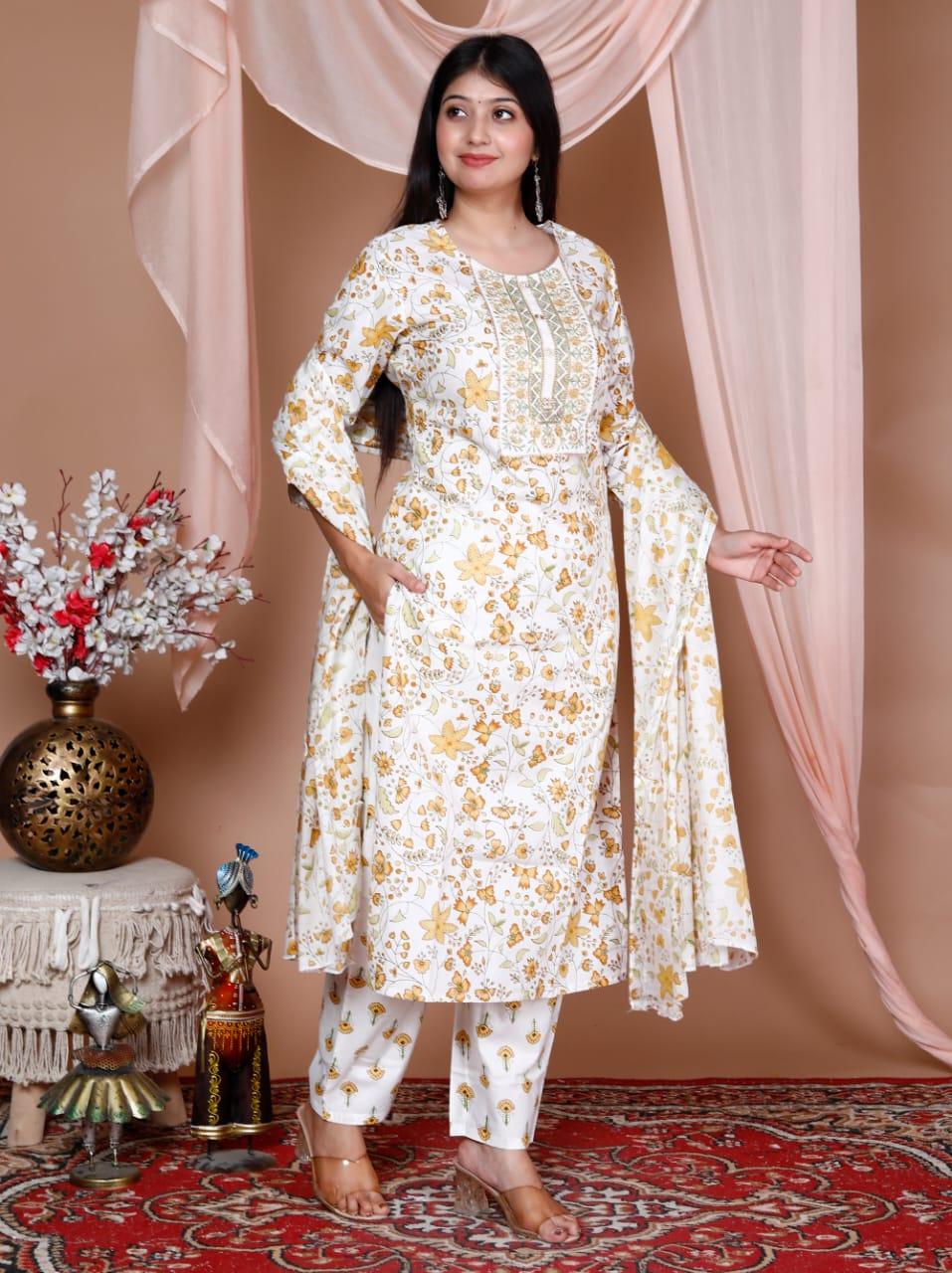 Printed Cotton Kurta and Pant Set with Mulmul Dupatta