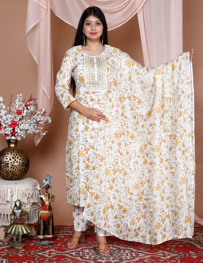 Printed Cotton Kurta and Pant Set with Mulmul Dupatta