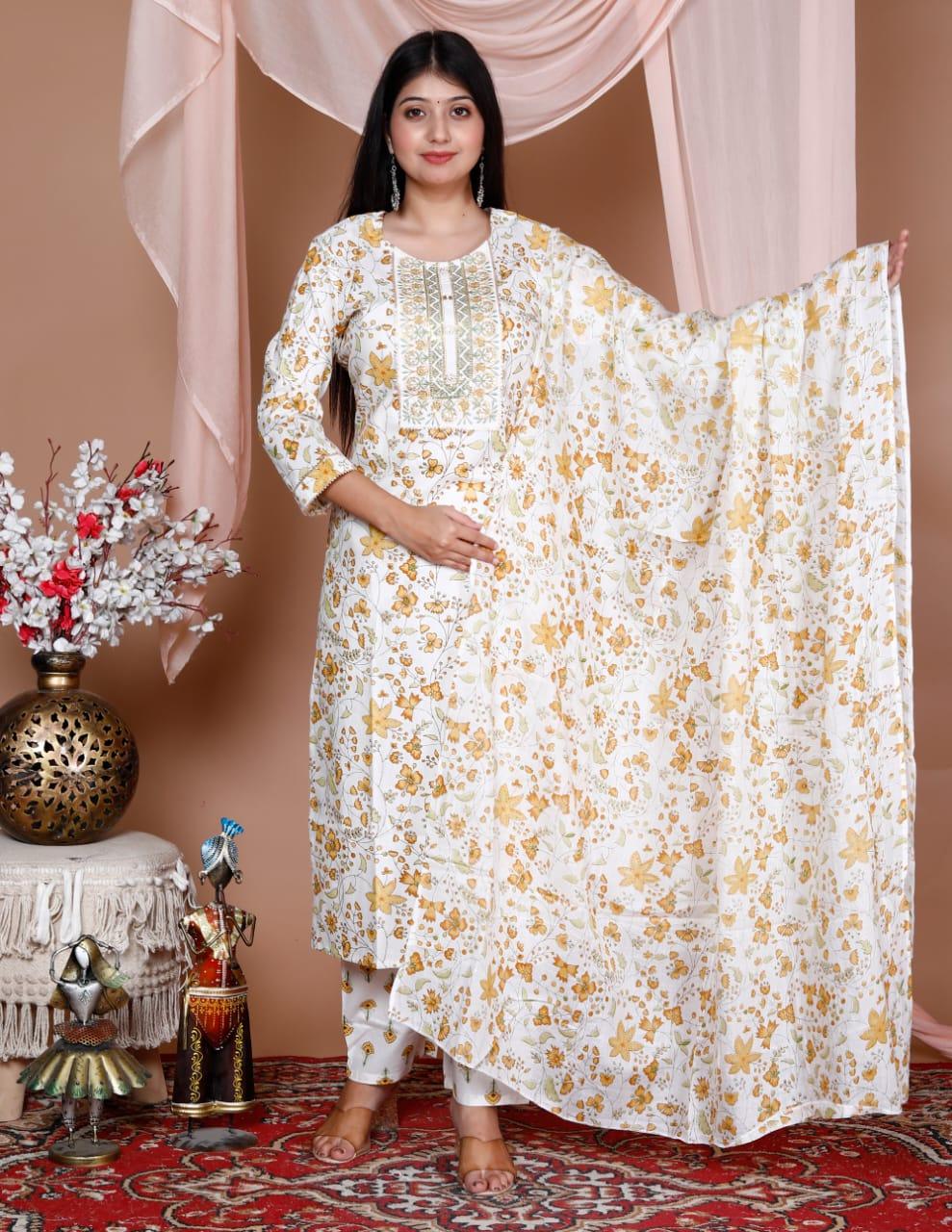 Printed Cotton Kurta and Pant Set with Mulmul Dupatta