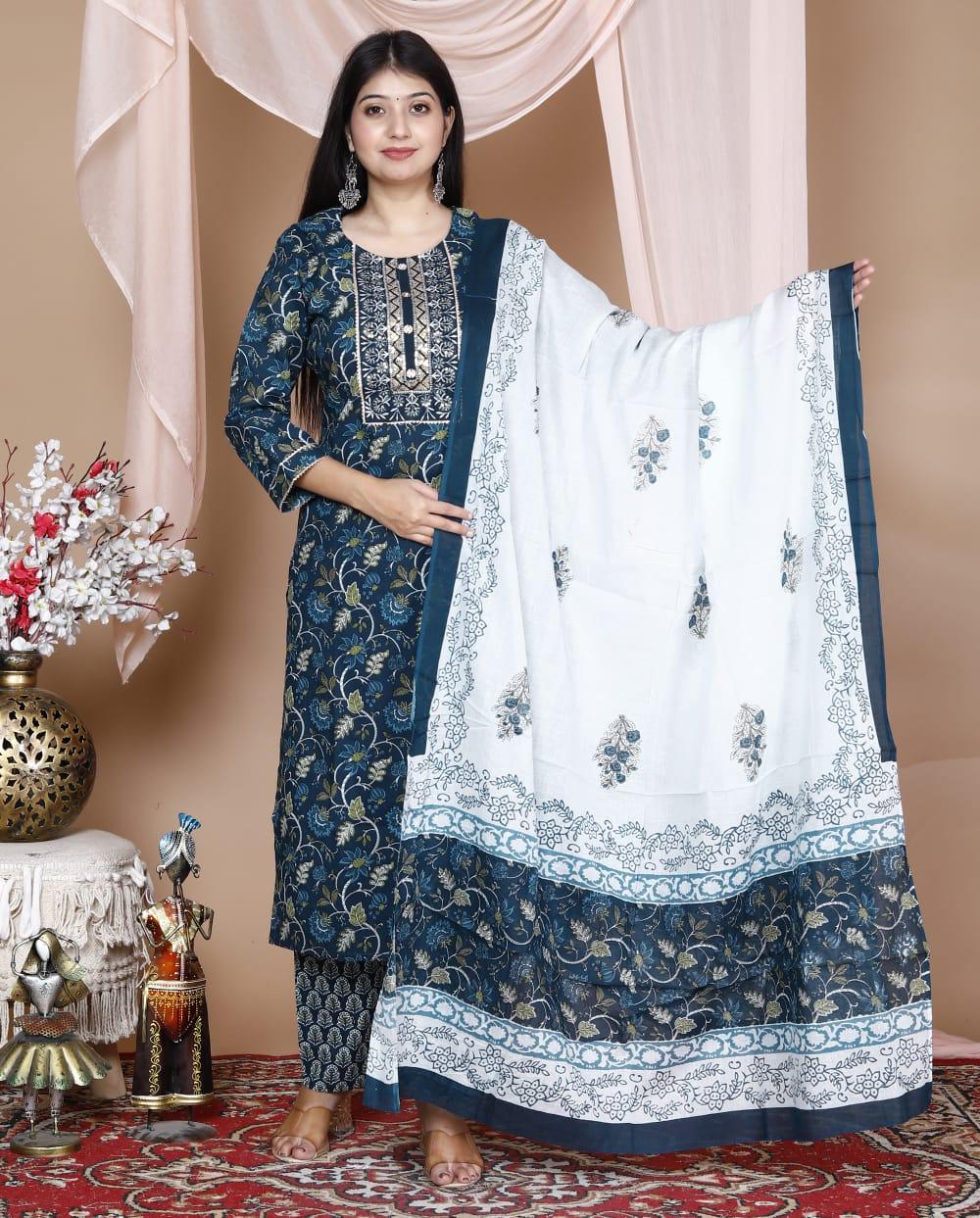 Ethnic Motif Printed Cotton Kurta and Pant Set with Mulmul Dupatta