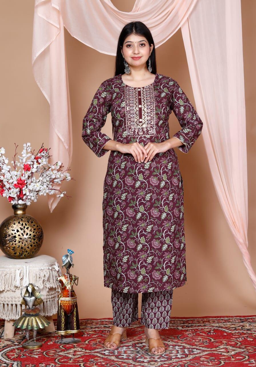 Wine Berry Cotton Printed Kurta and Pant Set with Printed Mulmul Dupatta