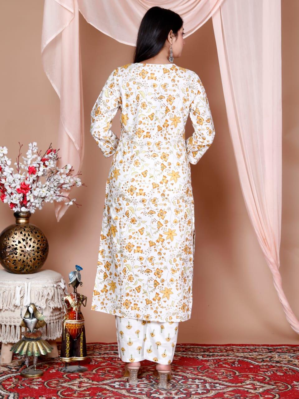 Printed Cotton Kurta and Pant Set with Mulmul Dupatta