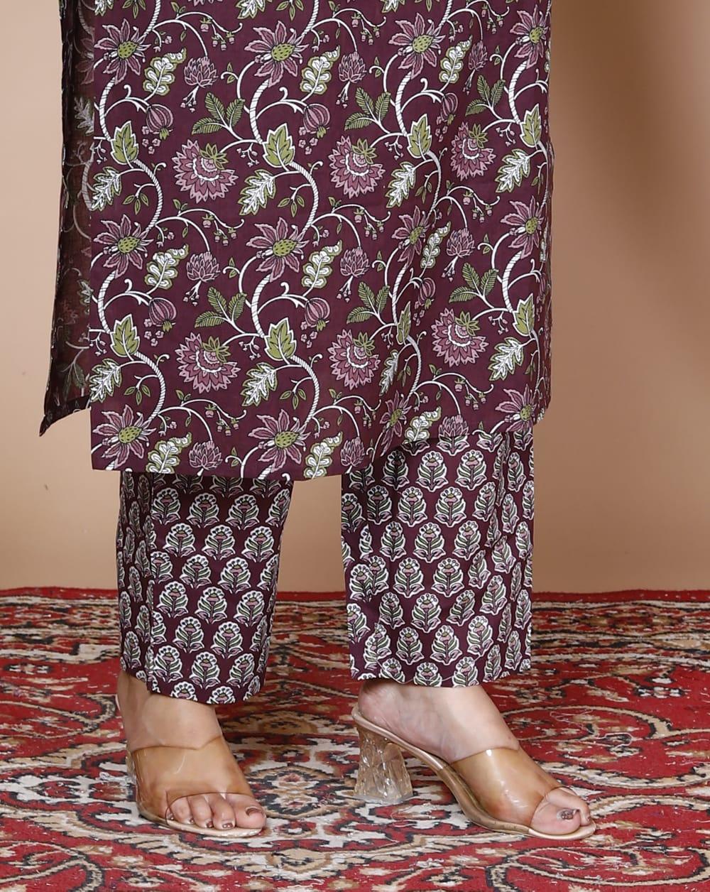 Wine Berry Cotton Printed Kurta and Pant Set with Printed Mulmul Dupatta