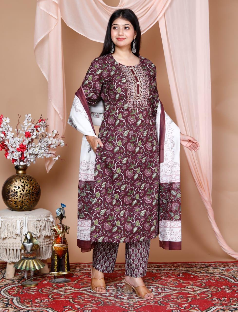 Wine Berry Cotton Printed Kurta and Pant Set with Printed Mulmul Dupatta