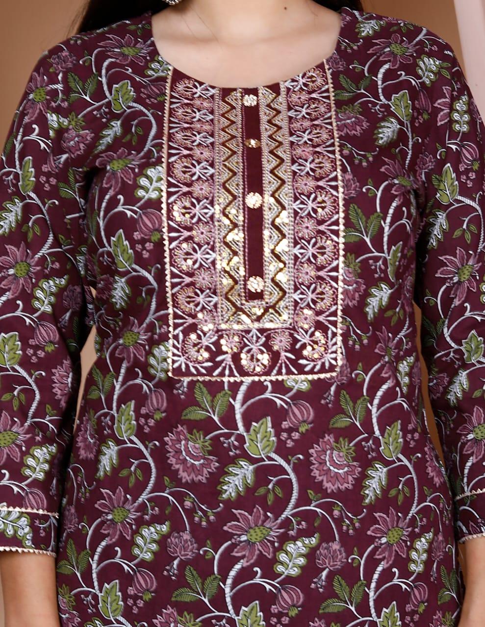 Wine Berry Cotton Printed Kurta and Pant Set with Printed Mulmul Dupatta