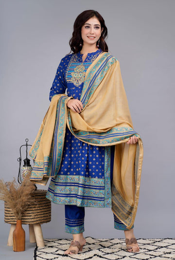 Blue Handwork Embroidered Kurta And Pant Set With Dupatta