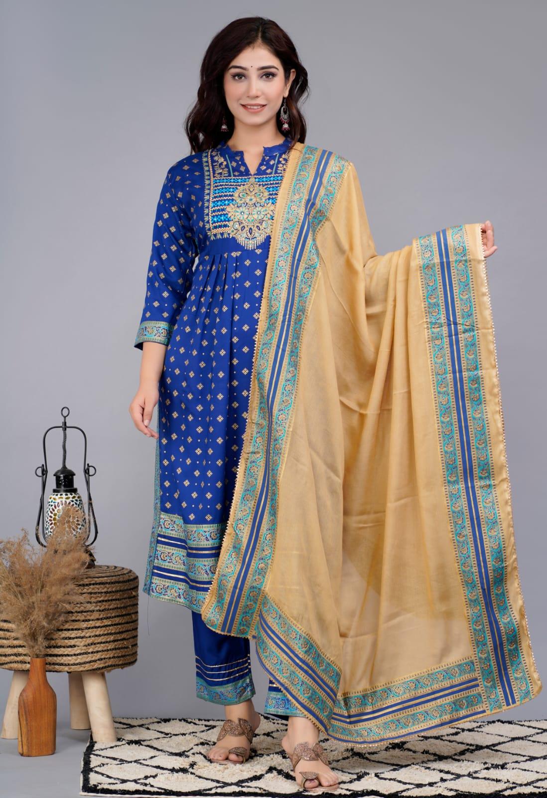 Blue Handwork Embroidered Kurta And Pant Set With Dupatta