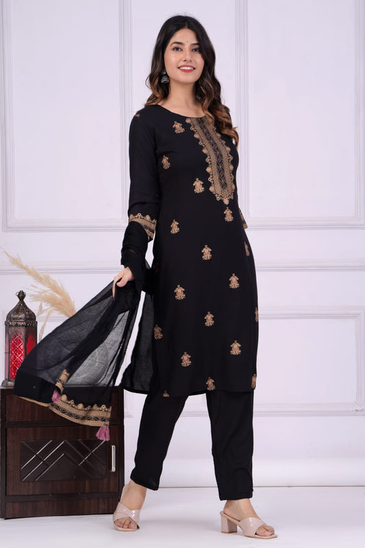 Black Printed Rayon Kurta and Pant Set with Dupatta