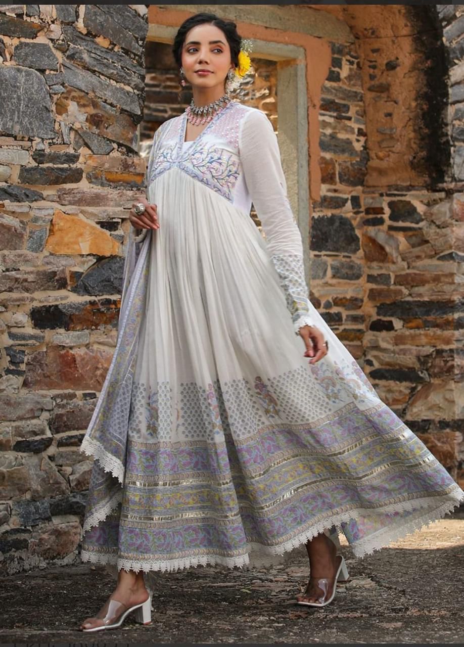 Blue Procion Printed Mulmul Anarkali Gown with Dupatta