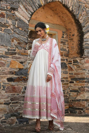 Pink Procion Printed Mulmul Anarkali Gown with Dupatta