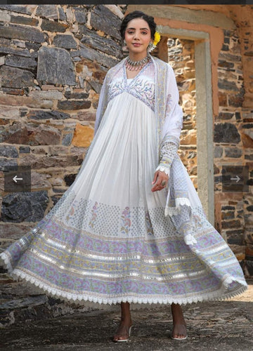 Blue Procion Printed Mulmul Anarkali Gown with Dupatta