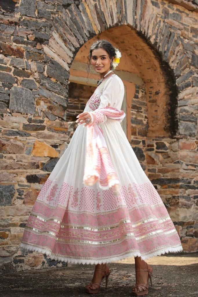 Pink Procion Printed Mulmul Anarkali Gown with Dupatta