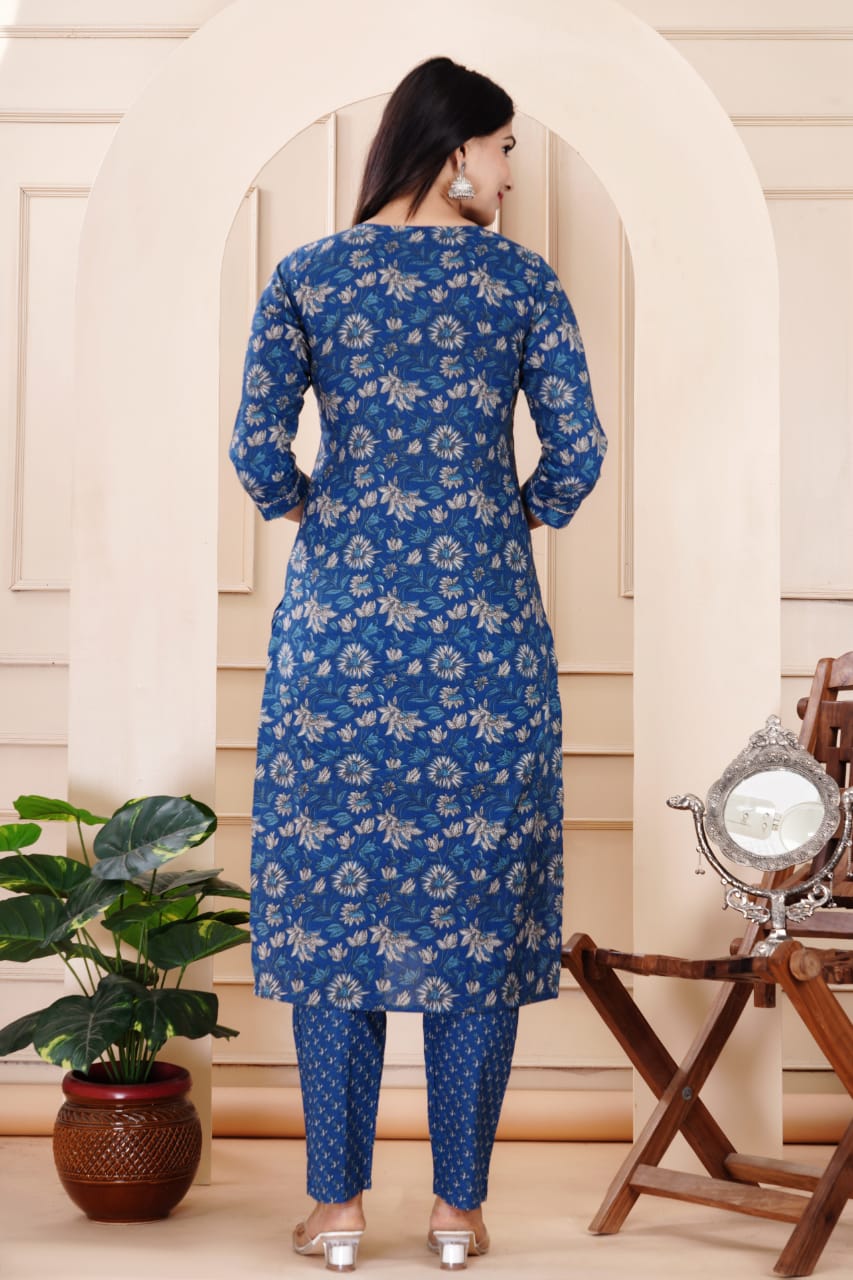 Blue Embroidered Cotton Suit Set with Mulmul Dupatta