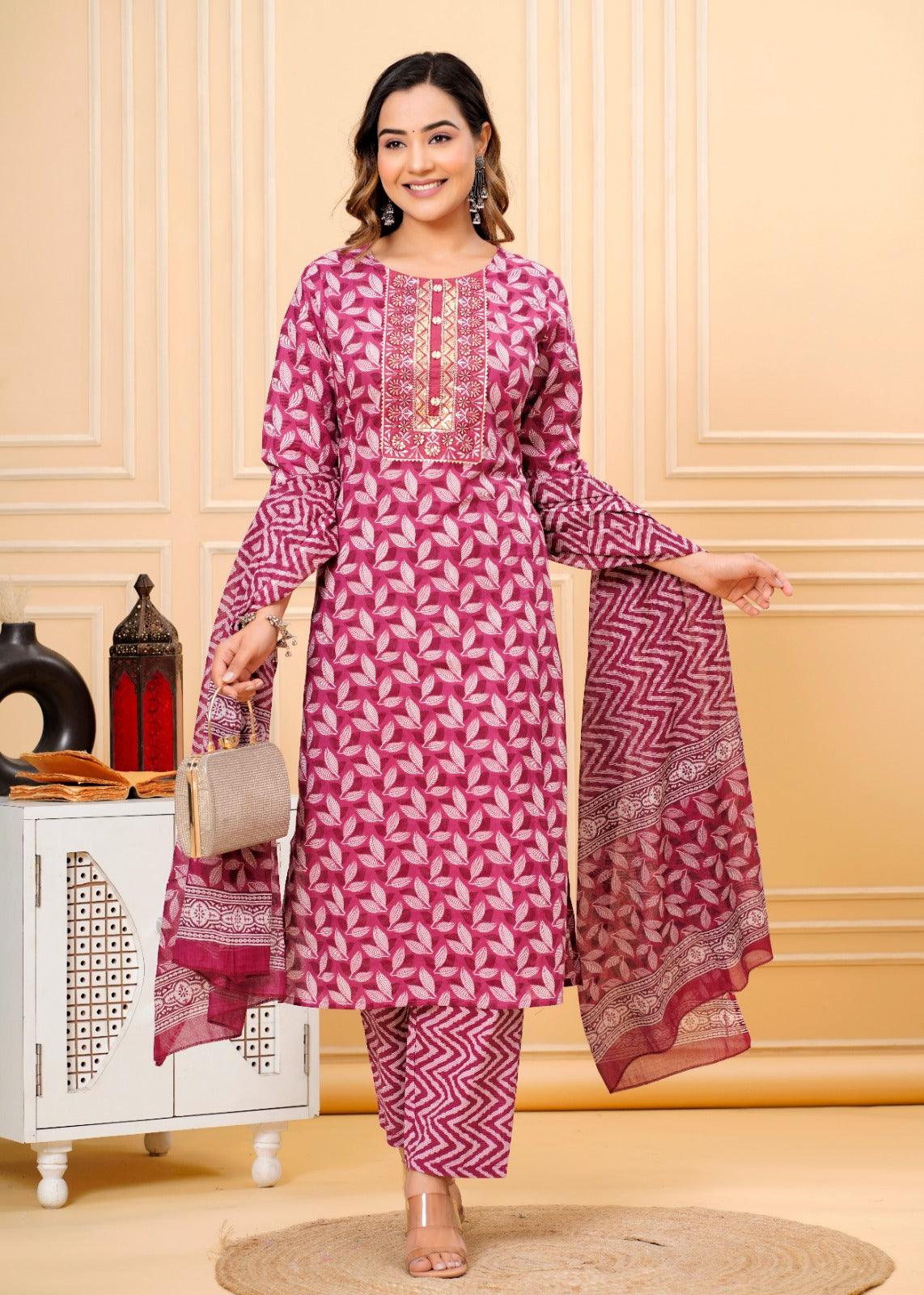 Blush Red Printed Cotton Suit Set with Mulmul Dupatta