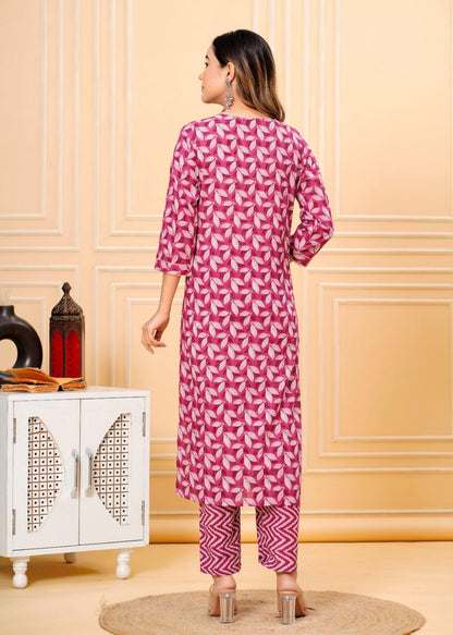 Blush Red Printed Cotton Suit Set with Mulmul Dupatta