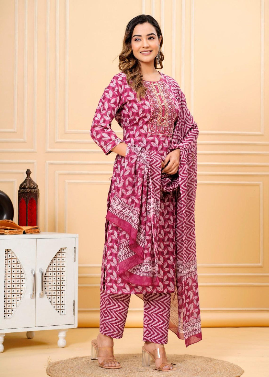 Blush Red Printed Cotton Suit Set with Mulmul Dupatta