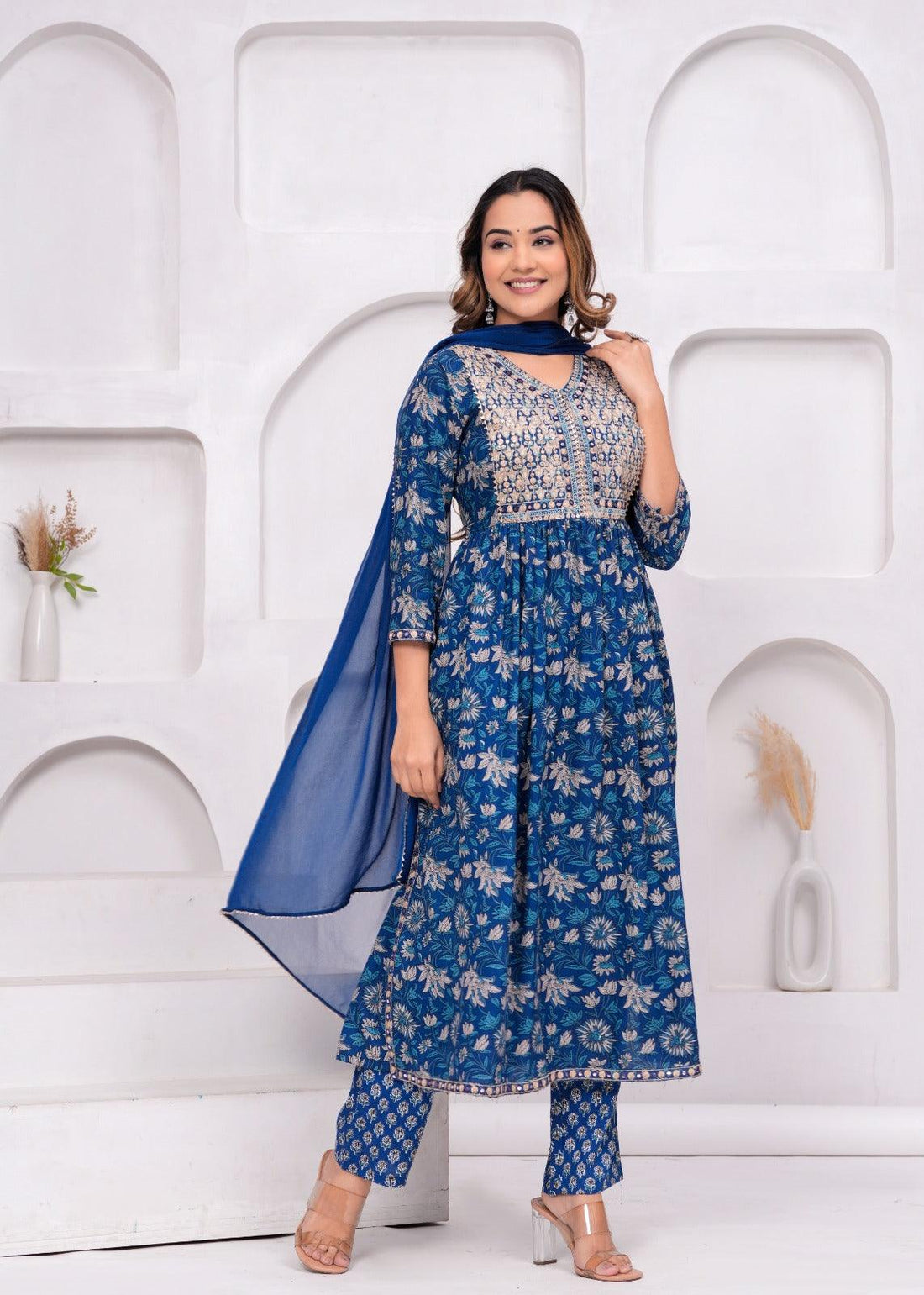 Blue Embroidered Floral Printed Rayon Suit Set with Chiffon Dupatta