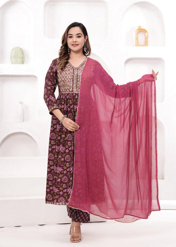 Wine Embroidered Floral Printed Rayon Suit Set with Chiffon Dupatta