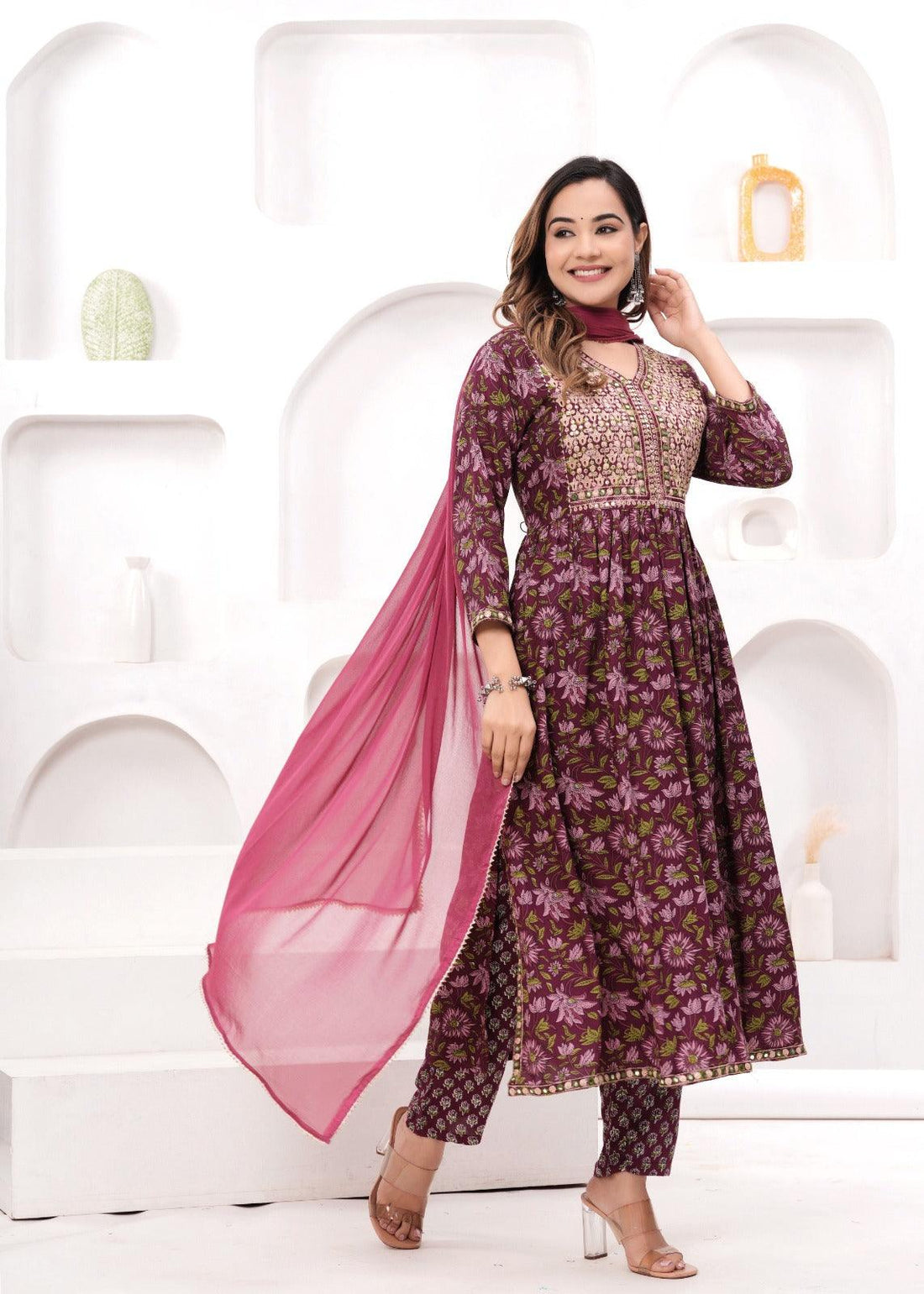 Wine Embroidered Floral Printed Rayon Suit Set with Chiffon Dupatta