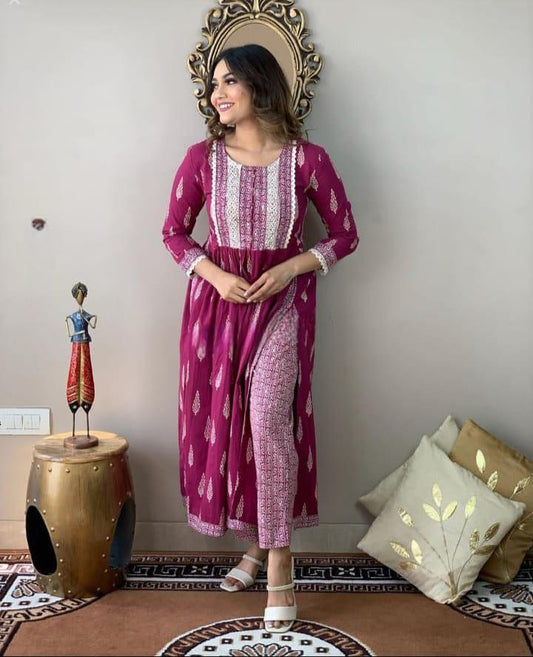 Wine Ethnic Motifs Printed Nayra Cut Kurta And Pant Set