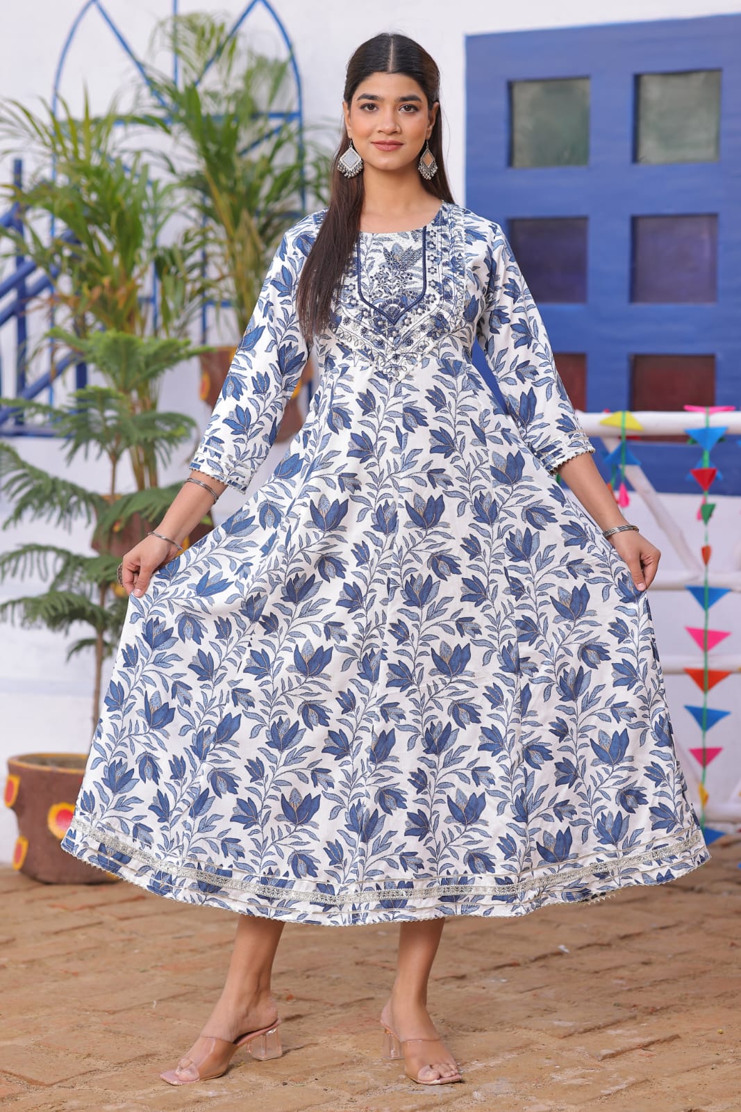 White Blue Embroidered Rayon Anarkali Gown