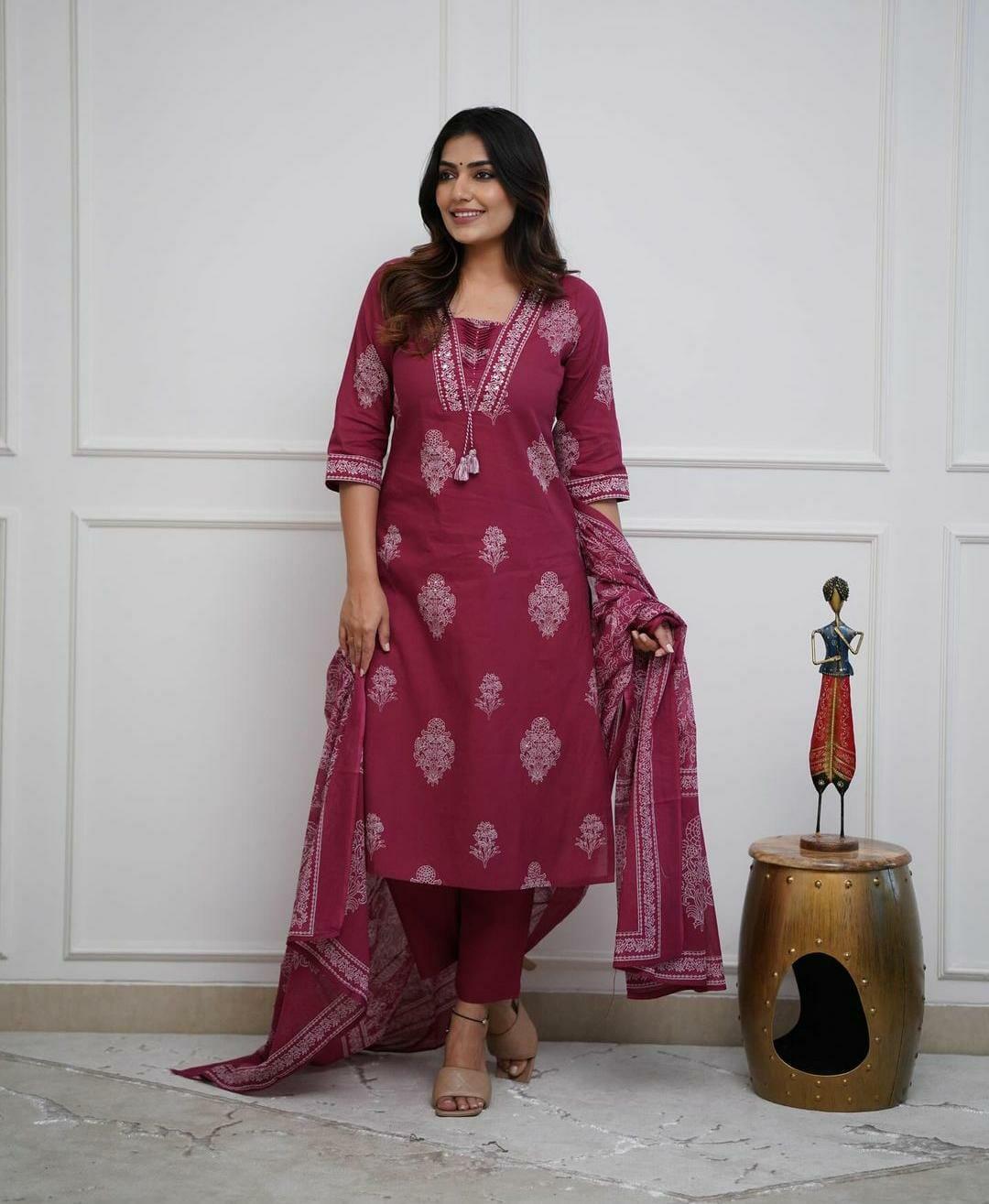 Maroon Cotton Kurta And Pant Set With Mulmul Dupatta