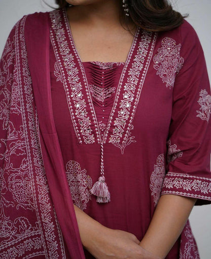 Maroon Cotton Kurta And Pant Set With Mulmul Dupatta