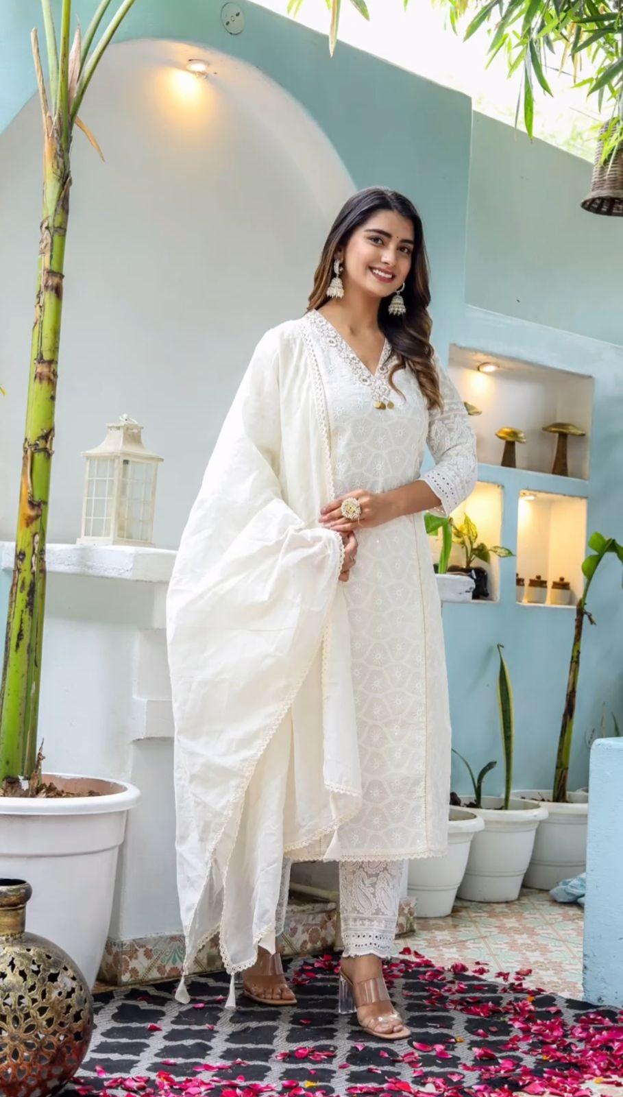 Off White Chikankari Kurta and Pant Set with Chanderi Dupatta