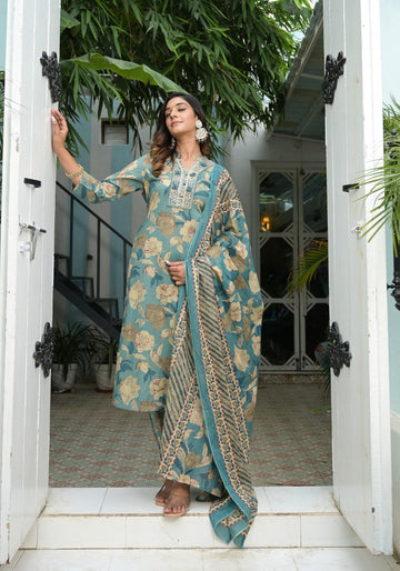 Spanish Green Printed Cotton Kurta and Pant Set with Mulmul Dupatta