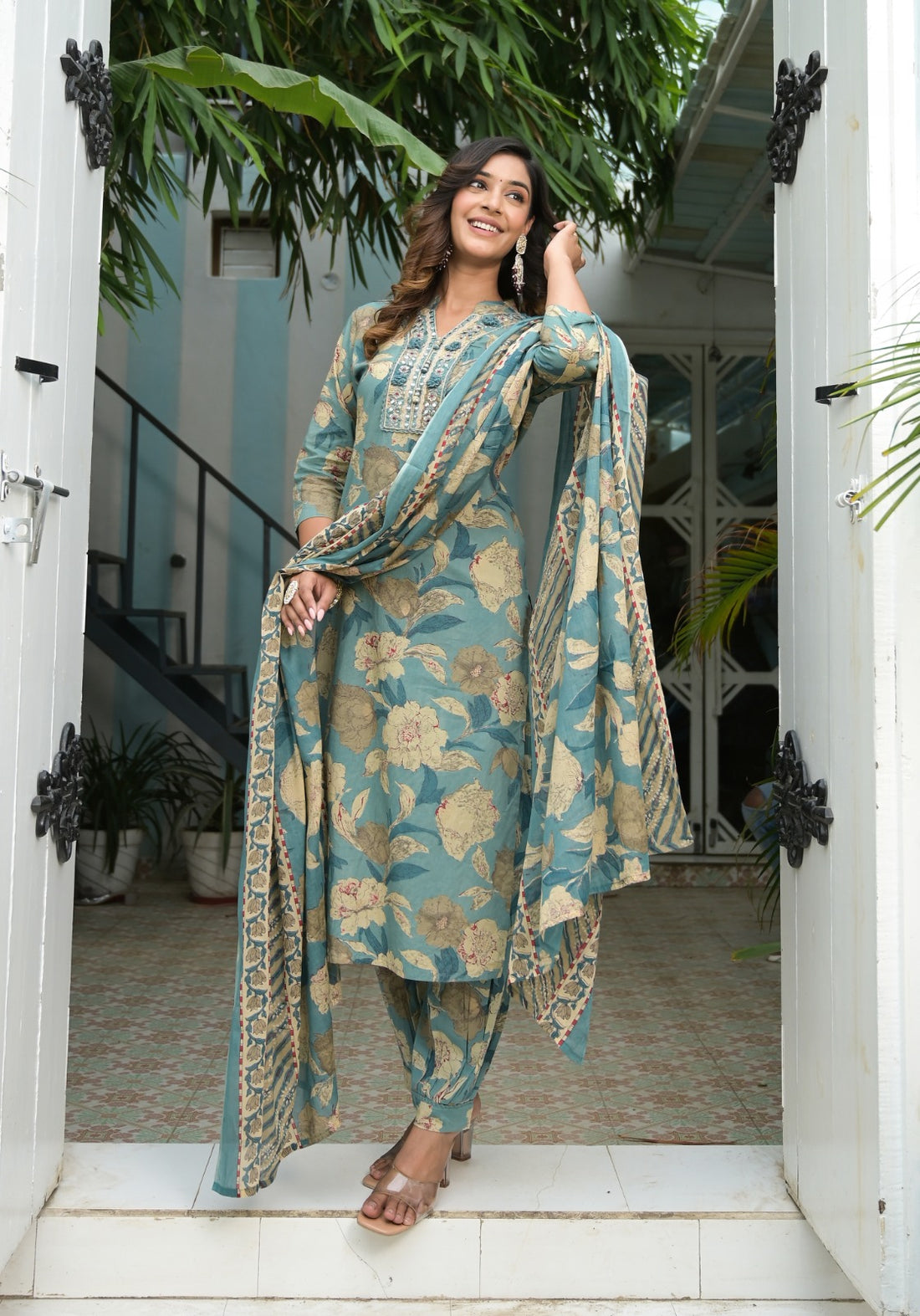 Spanish Green Printed Cotton Kurta and Pant Set with Mulmul Dupatta