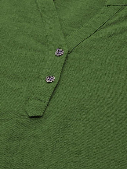 Green Cotton Linen Roll Up Sleeves Short Kurta