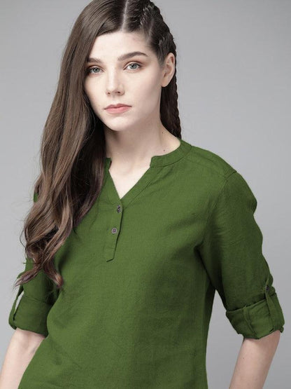 Green Cotton Linen Roll Up Sleeves Short Kurta