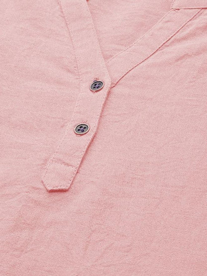 Pink Cotton Linen Roll Up Sleeves Short Kurta