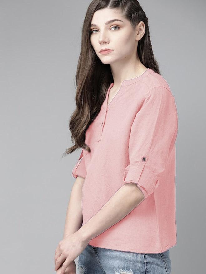 Pink Cotton Linen Roll Up Sleeves Short Kurta