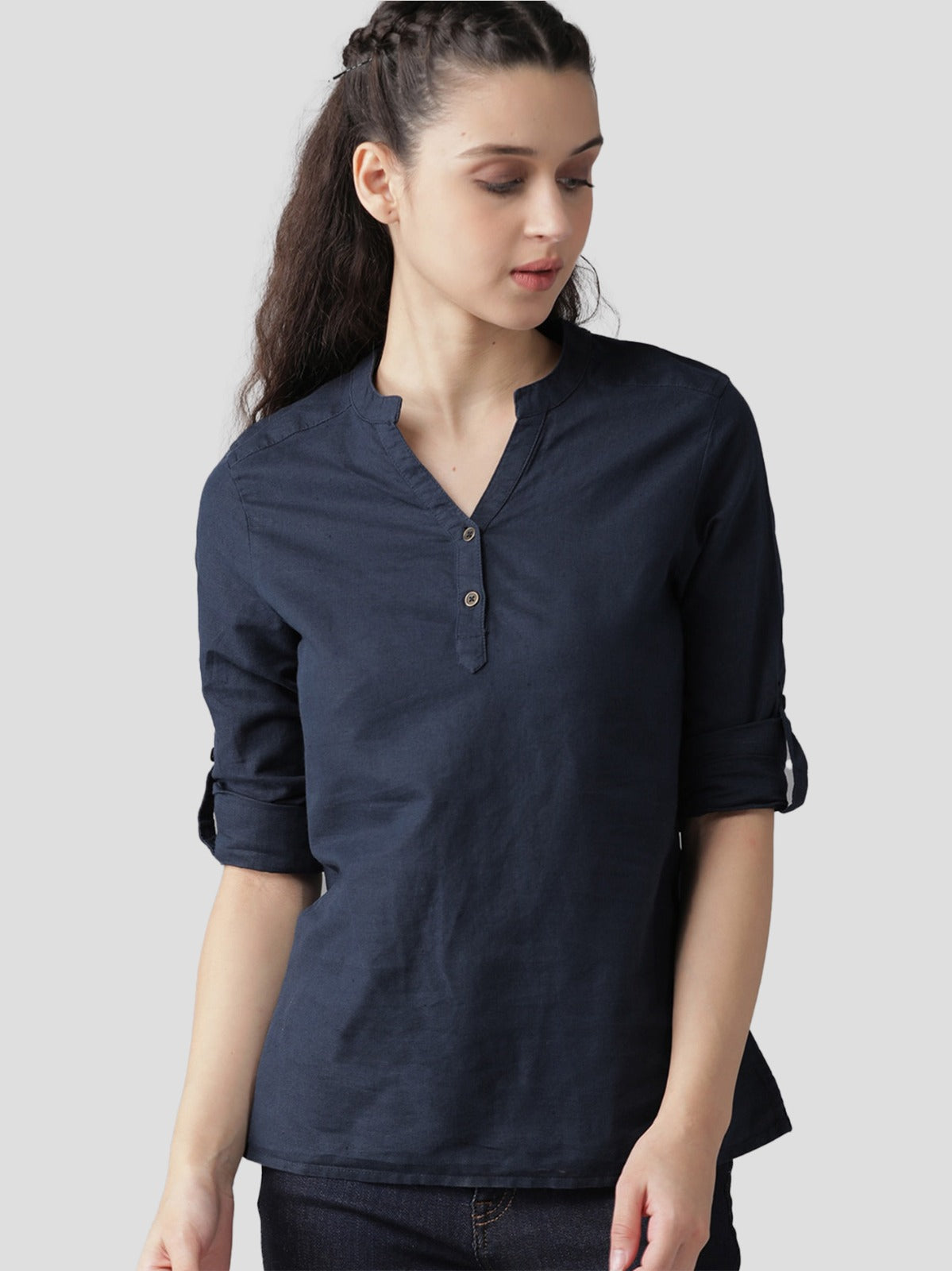 Navy Blue Cotton Linen Roll Up Sleeves Short Kurta