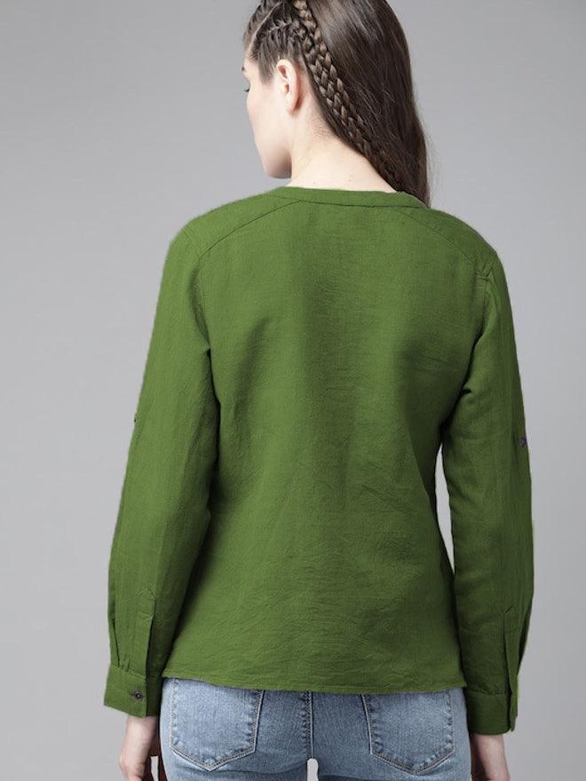 Green Cotton Linen Roll Up Sleeves Short Kurta