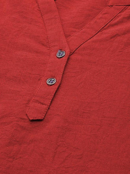 Red Cotton Linen Roll Up Sleeves Short Kurta