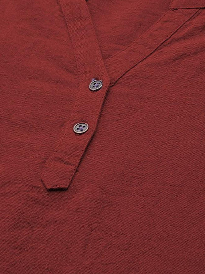 Maroon Cotton Linen Roll Up Sleeves Short Kurta
