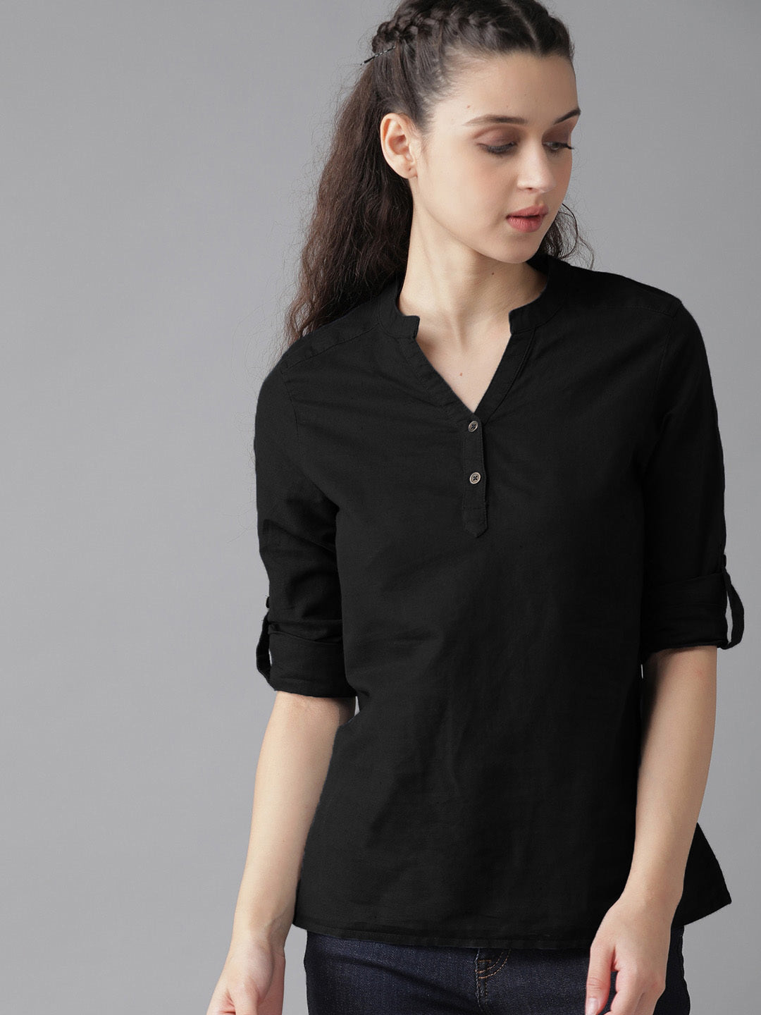 Black Cotton Linen Roll Up Sleeves Short Kurta