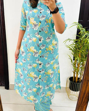 Pearl Aqua Floral Printed Rayon Co-Ord Set