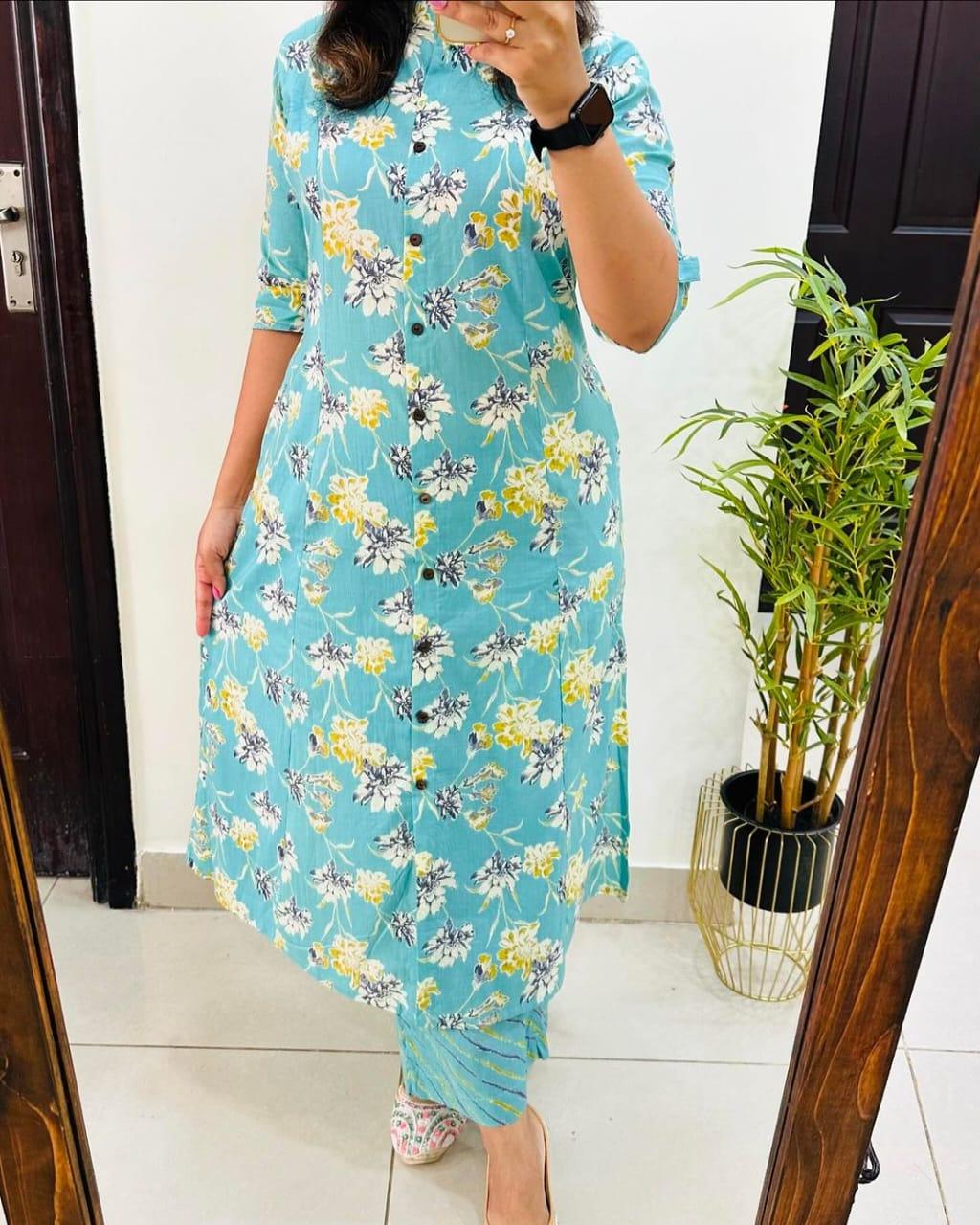 Pearl Aqua Floral Printed Rayon Co-Ord Set