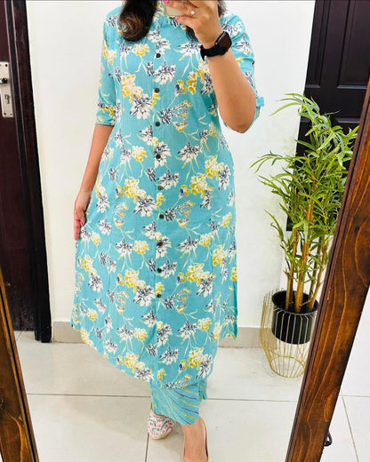 Pearl Aqua Floral Printed Rayon Co-Ord Set