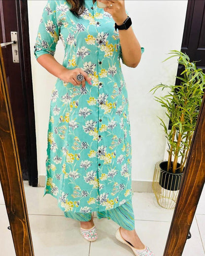Pearl Aqua Floral Printed Rayon Co-Ord Set